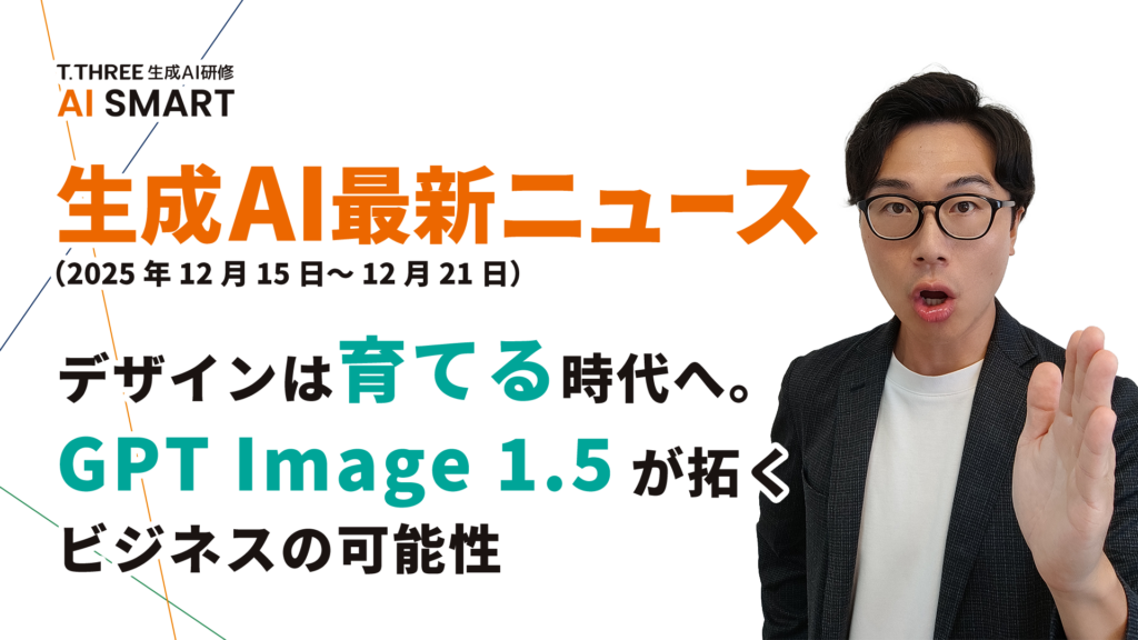 GPT Image 1.5でデザインは”育てる”時代へ。中小企業の試行錯誤コストを削減する最新AI動向【2025年12月第3週】 のアイキャッチ画像